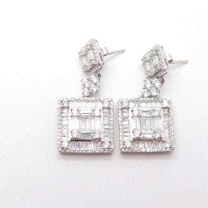 925 Sterling Silver White C Z Pave Square Dangling Drop Earrings