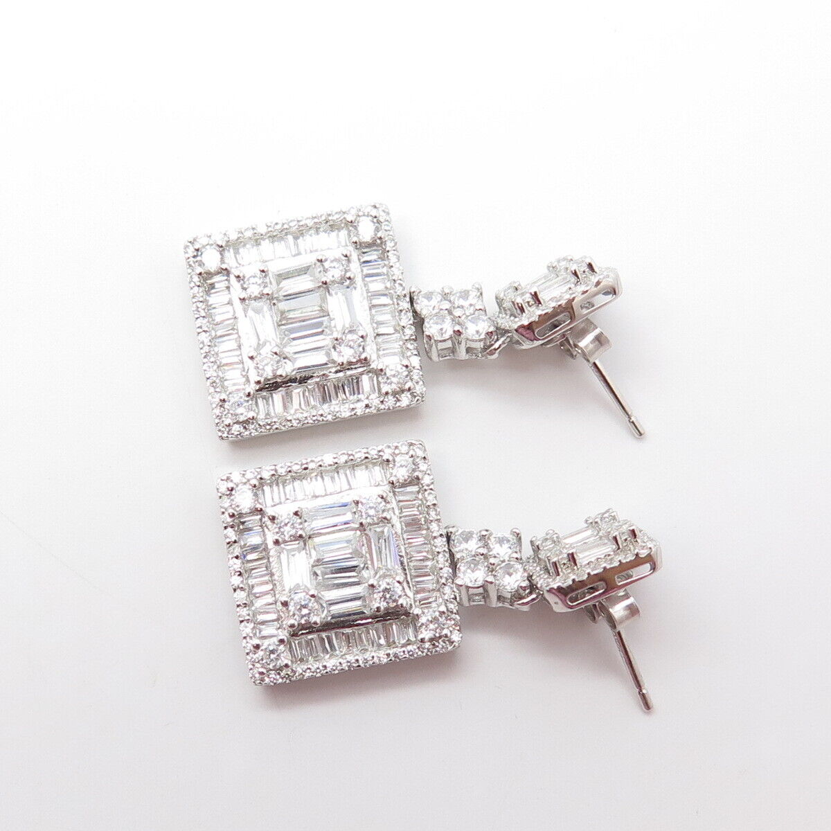 925 Sterling Silver White C Z Pave Square Dangling Drop Earrings