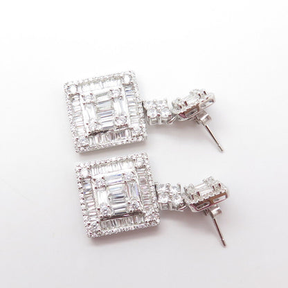 925 Sterling Silver White C Z Pave Square Dangling Drop Earrings