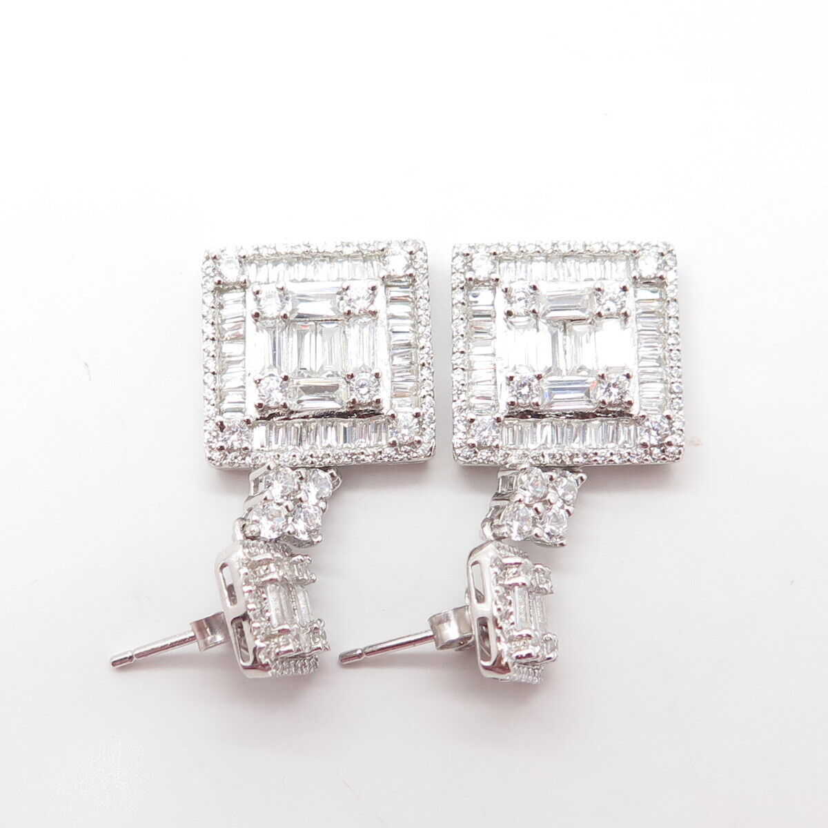 925 Sterling Silver White C Z Pave Square Dangling Drop Earrings