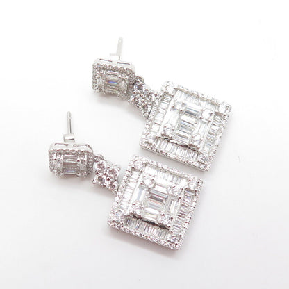 925 Sterling Silver White C Z Pave Square Dangling Drop Earrings