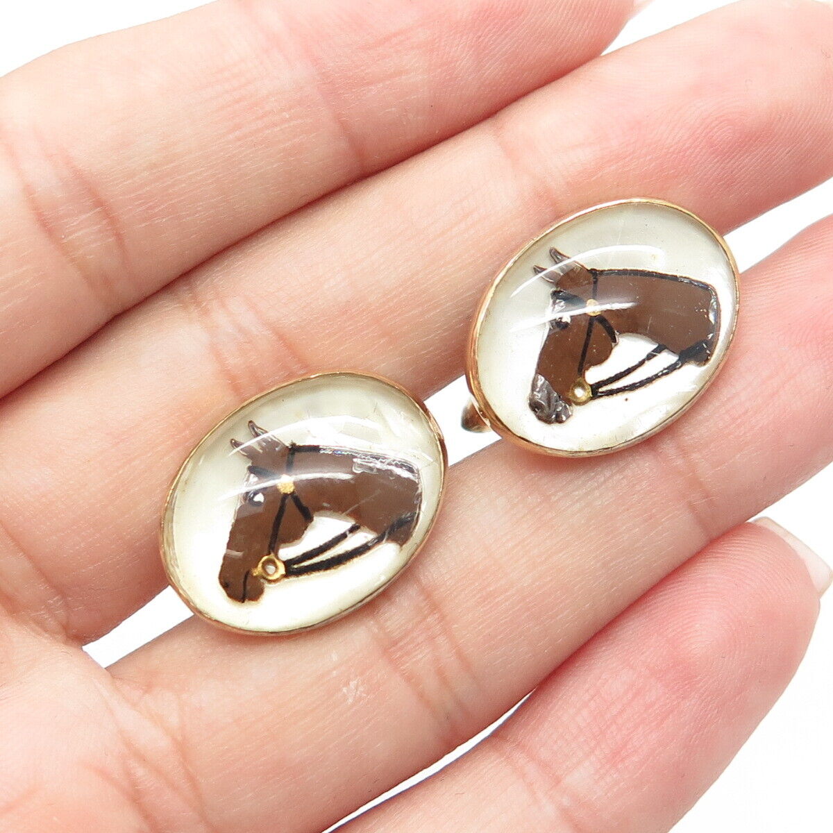 Gold Filled Antique Art Deco Correct Glass Horse Bullet Back Oval Cufflinks