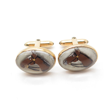 Gold Filled Antique Art Deco Correct Glass Horse Bullet Back Oval Cufflinks