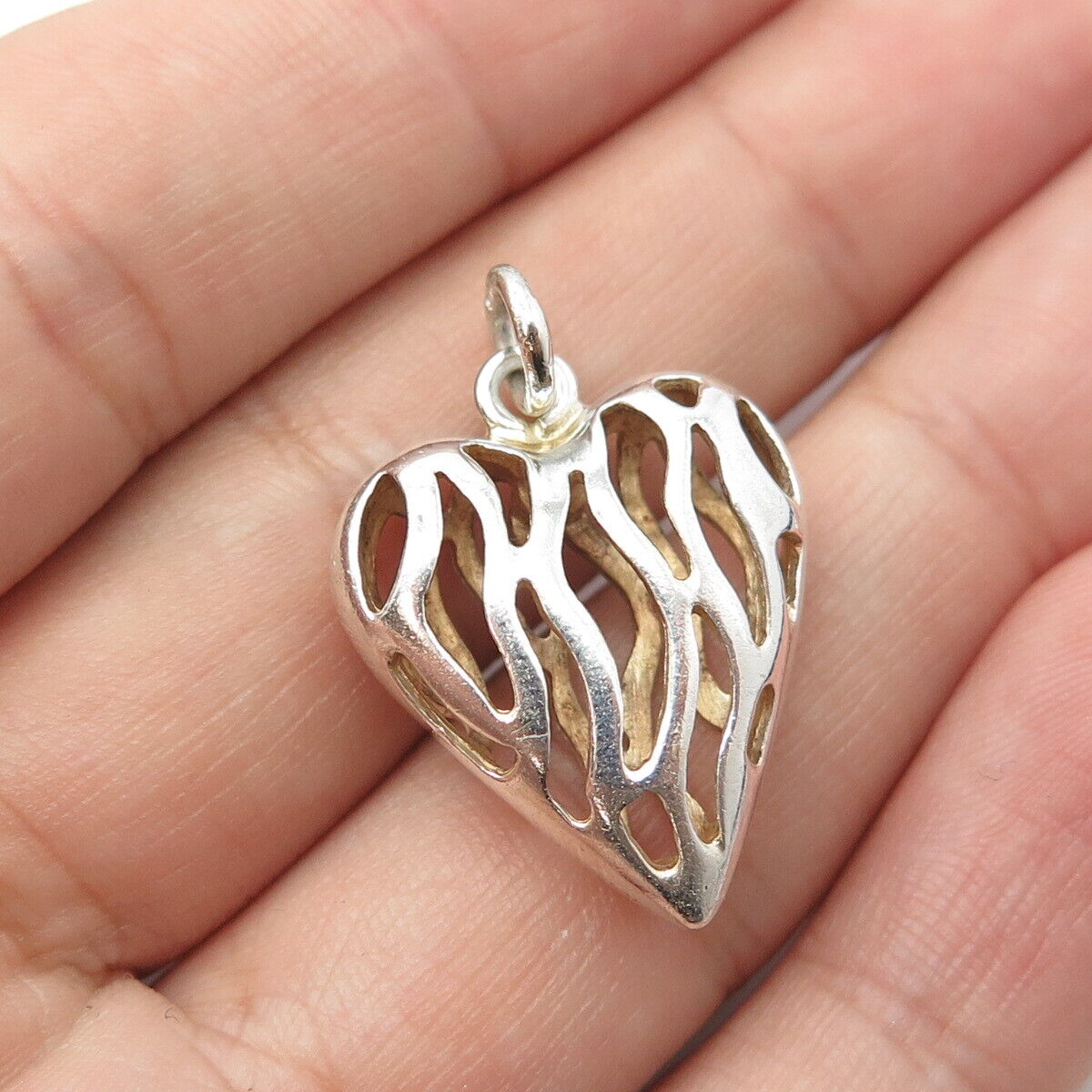 925 Sterling Silver Vintage Open Heart Fire Modernist Pendant