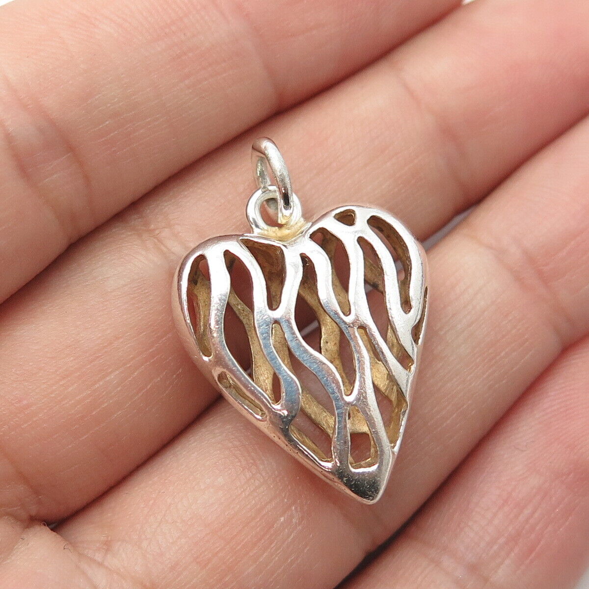 925 Sterling Silver Vintage Open Heart Fire Modernist Pendant