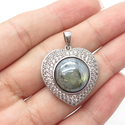 925 Sterling Silver Real Labradorite Gemstone & C Z Heart Pendant