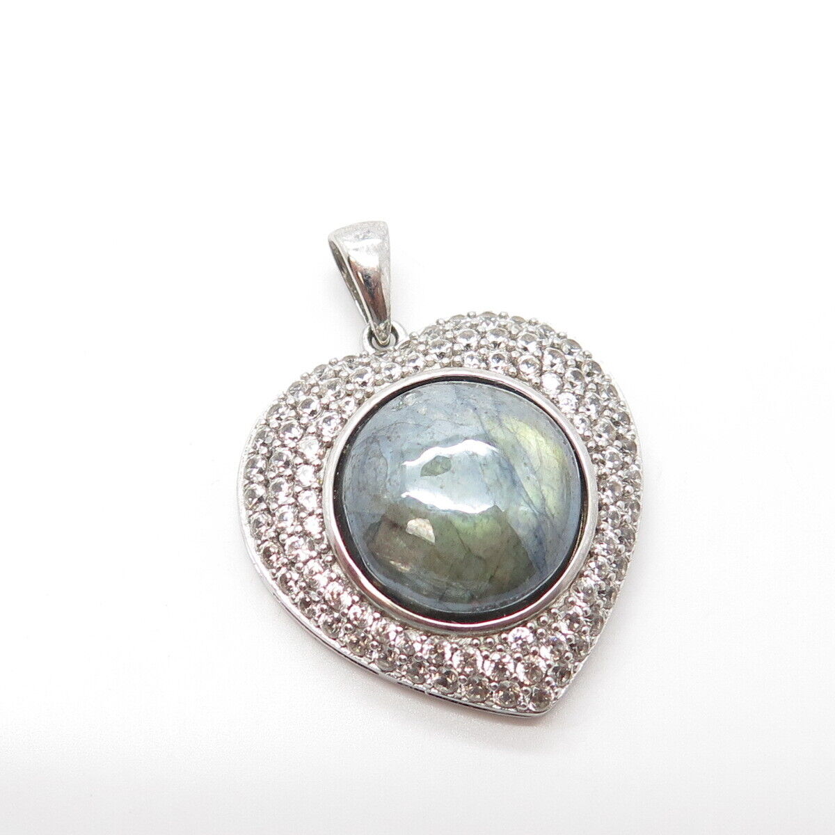 925 Sterling Silver Real Labradorite Gemstone & C Z Heart Pendant