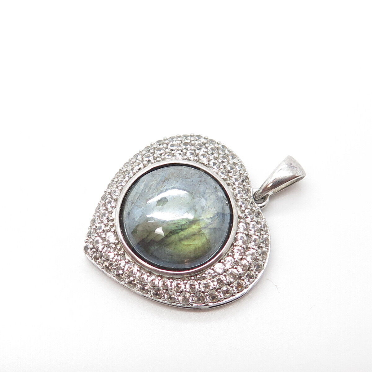 925 Sterling Silver Real Labradorite Gemstone & C Z Heart Pendant