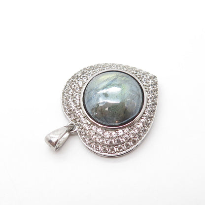 925 Sterling Silver Real Labradorite Gemstone & C Z Heart Pendant