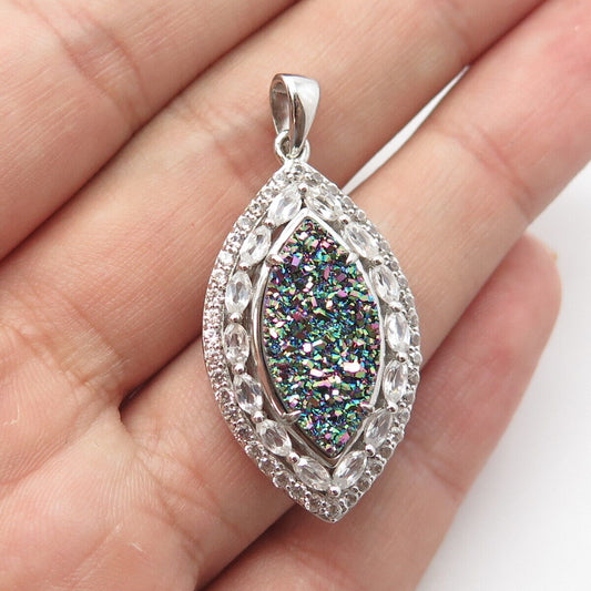 925 Sterling Silver Real Colorful Druzy & C Z Pendant