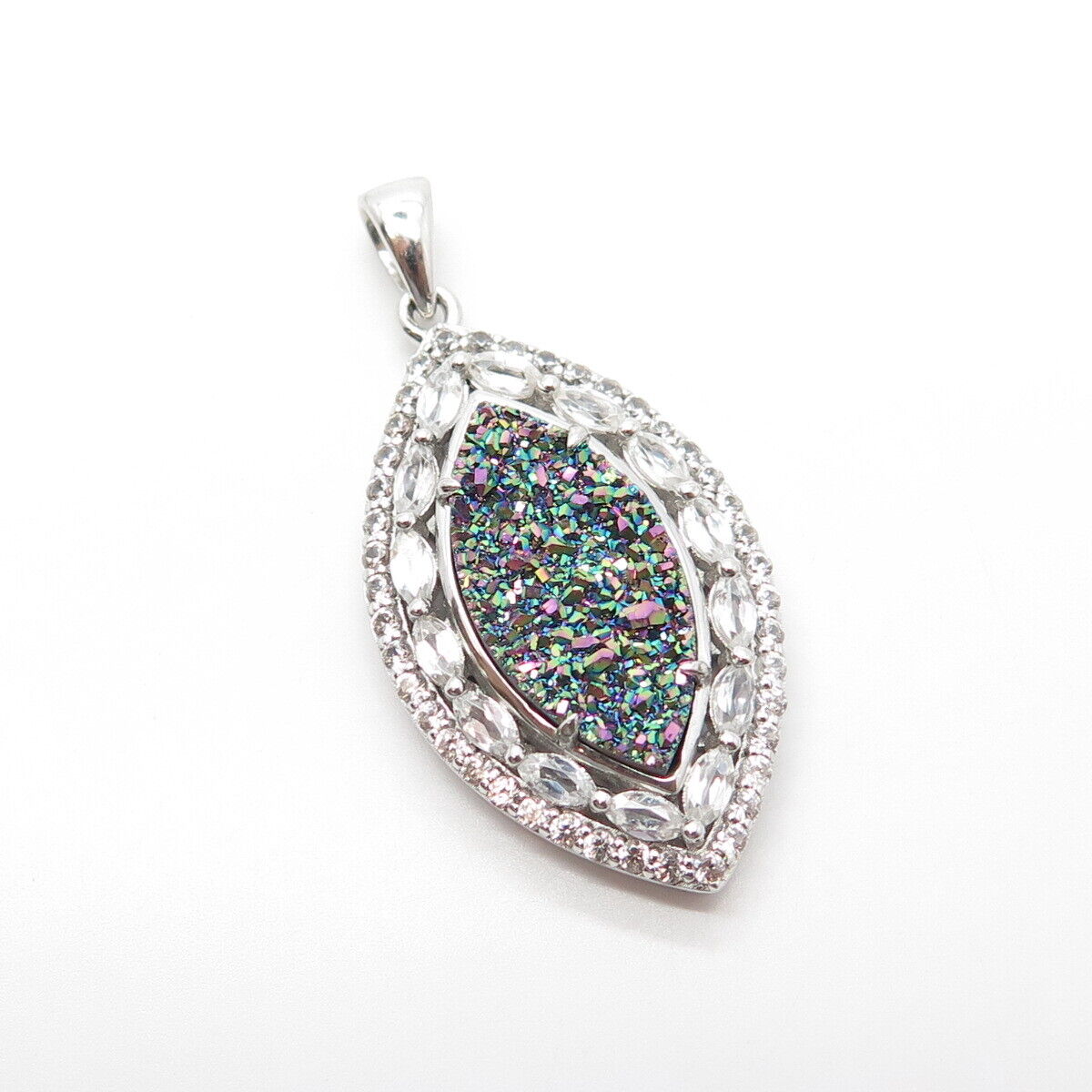 925 Sterling Silver Real Colorful Druzy & C Z Pendant