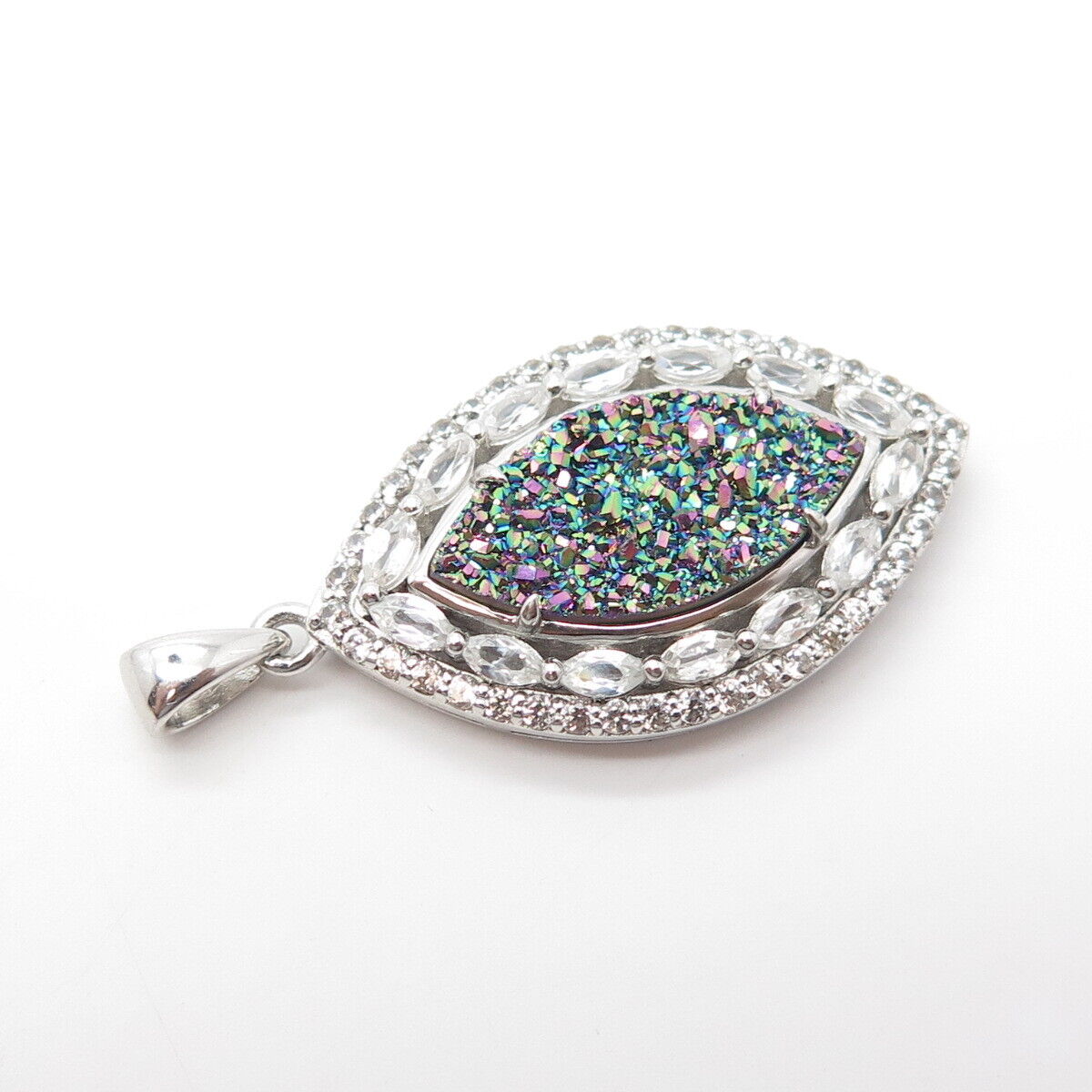 925 Sterling Silver Real Colorful Druzy & C Z Pendant