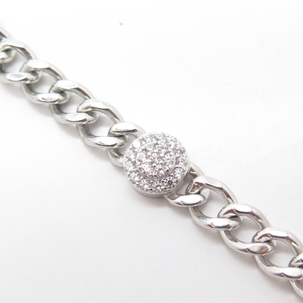 925 Sterling Silver Pave C Z Cuban Link Bracelet 7"