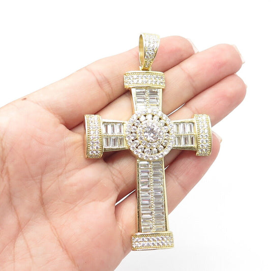 925 Sterling Silver Gold Plated REL Pave C Z Cross Pendant