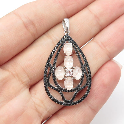 925 Sterling Silver Real Rose Quartz & White Topaz & Black Spinel Pear Pendant