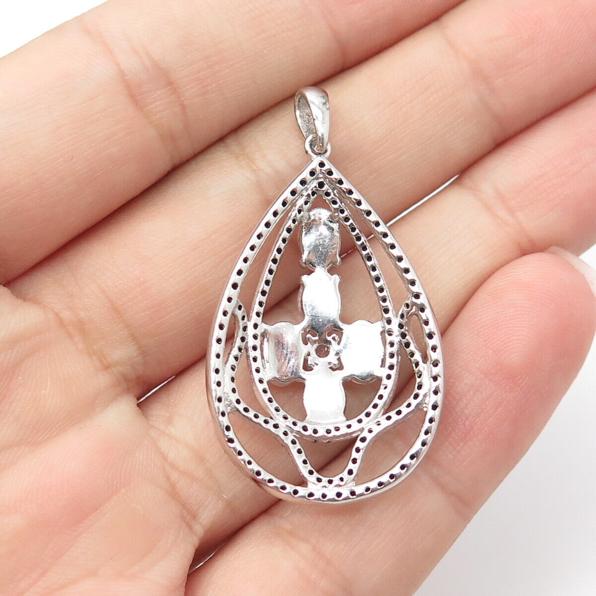 925 Sterling Silver Real Rose Quartz & White Topaz & Black Spinel Pear Pendant