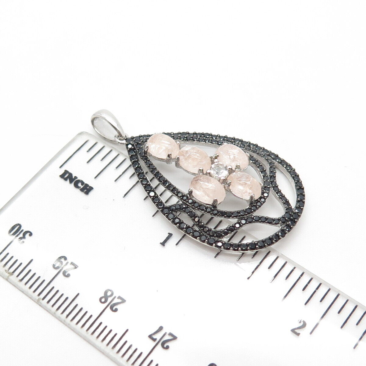 925 Sterling Silver Real Rose Quartz & White Topaz & Black Spinel Pear Pendant