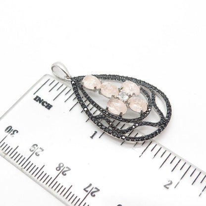 925 Sterling Silver Real Rose Quartz & White Topaz & Black Spinel Pear Pendant