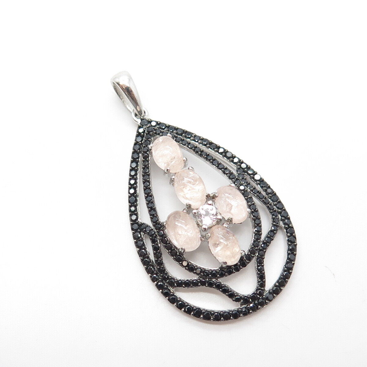 925 Sterling Silver Real Rose Quartz & White Topaz & Black Spinel Pear Pendant