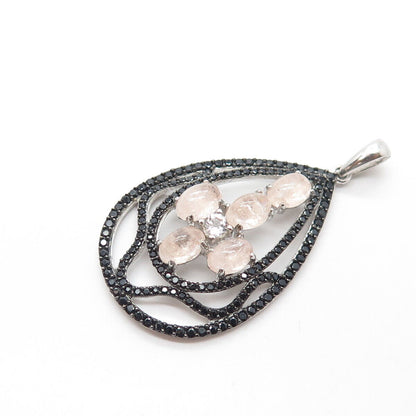 925 Sterling Silver Real Rose Quartz & White Topaz & Black Spinel Pear Pendant