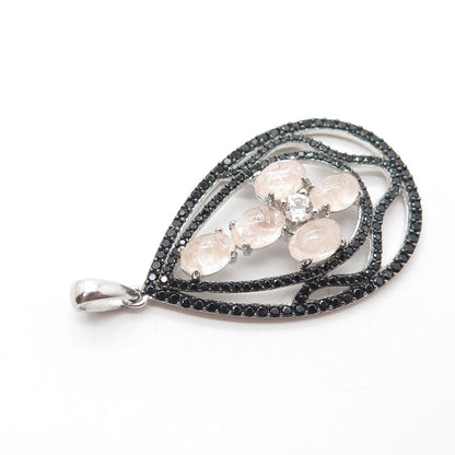 925 Sterling Silver Real Rose Quartz & White Topaz & Black Spinel Pear Pendant