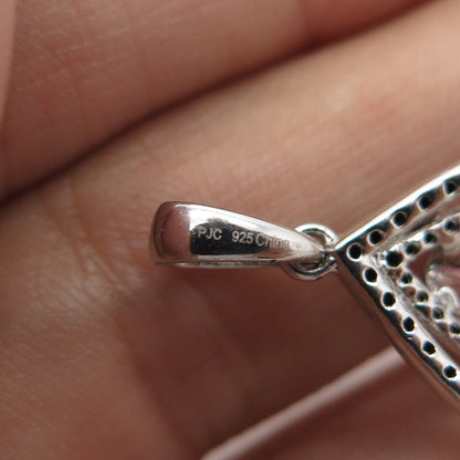 925 Sterling Silver Real Rose Quartz & White Topaz & Black Spinel Pear Pendant