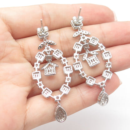 925 Sterling Silver White C Z Dangling Drop Earrings