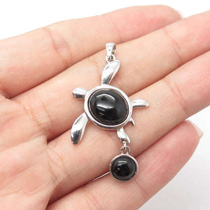 925 Sterling Silver Real Cabochon Black Onyx Gem Sea Turtle Pendant