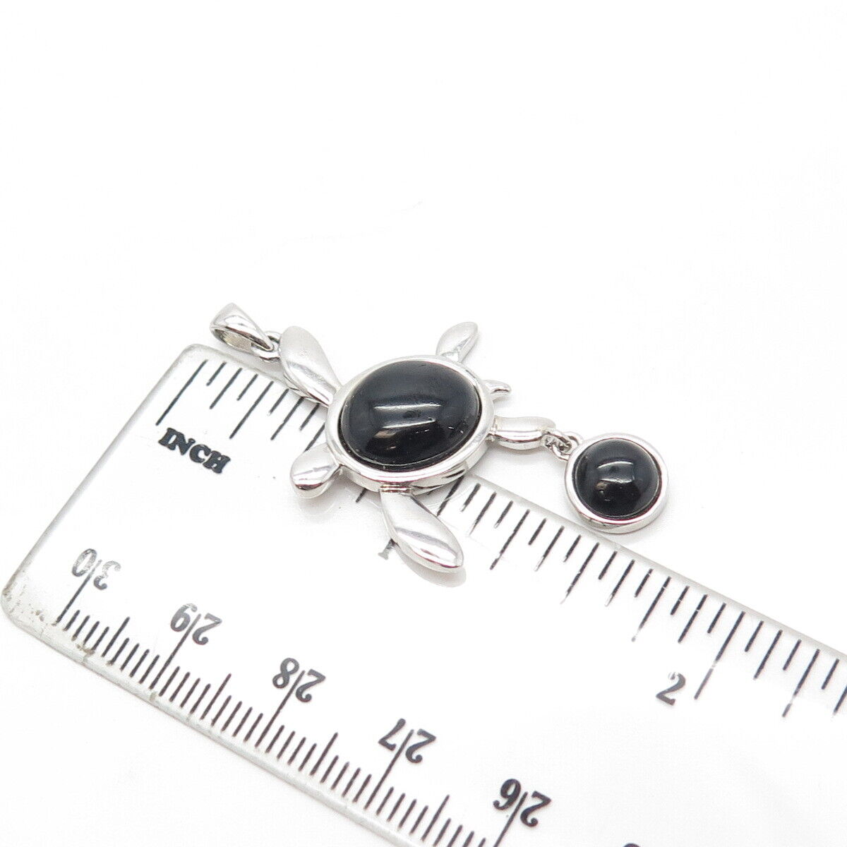 925 Sterling Silver Real Cabochon Black Onyx Gem Sea Turtle Pendant