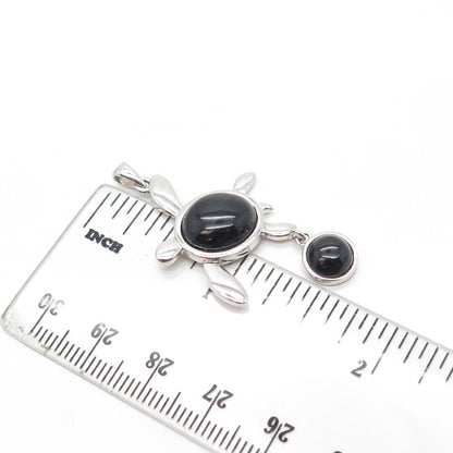 925 Sterling Silver Real Cabochon Black Onyx Gem Sea Turtle Pendant