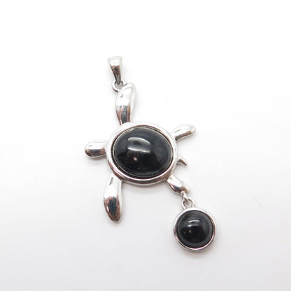925 Sterling Silver Real Cabochon Black Onyx Gem Sea Turtle Pendant