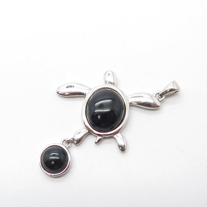 925 Sterling Silver Real Cabochon Black Onyx Gem Sea Turtle Pendant