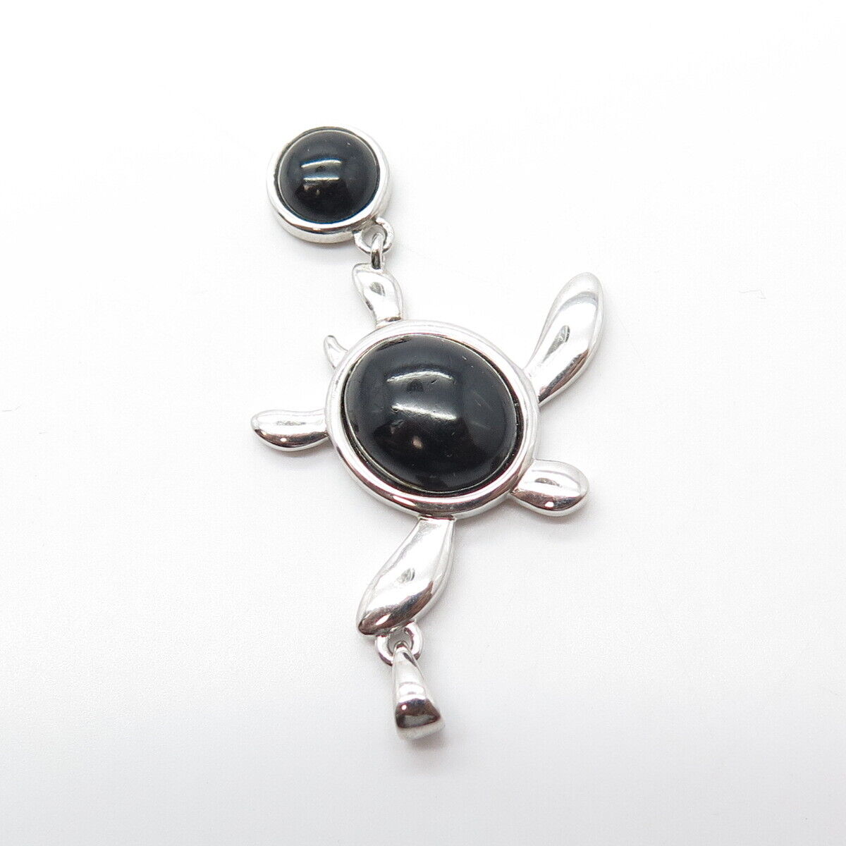 925 Sterling Silver Real Cabochon Black Onyx Gem Sea Turtle Pendant
