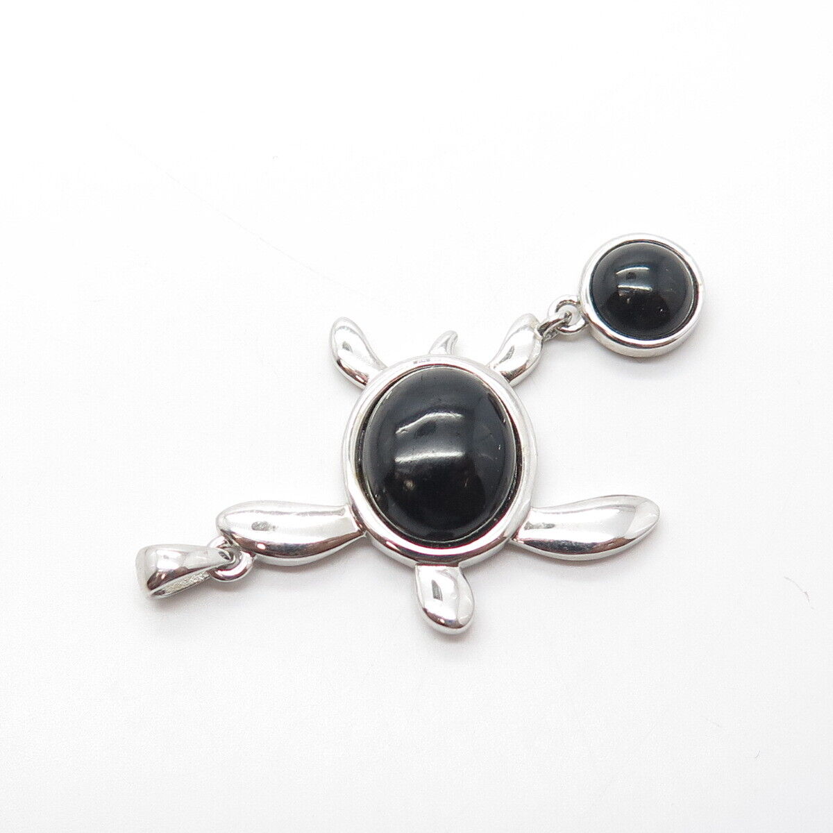 925 Sterling Silver Real Cabochon Black Onyx Gem Sea Turtle Pendant