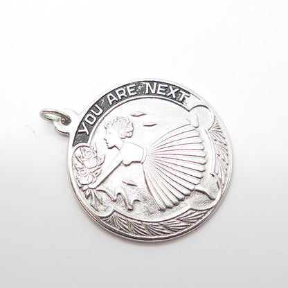 925 Sterling Silver Vintage Enamel "You Are Next" Wedding Bouquet Round Pendant