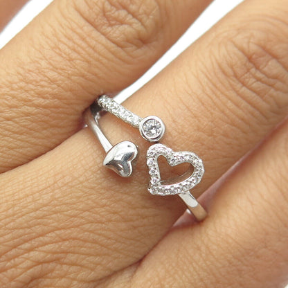 925 Sterling Silver White C Z Hearts Wrap Adjustable Ring Size 9.25