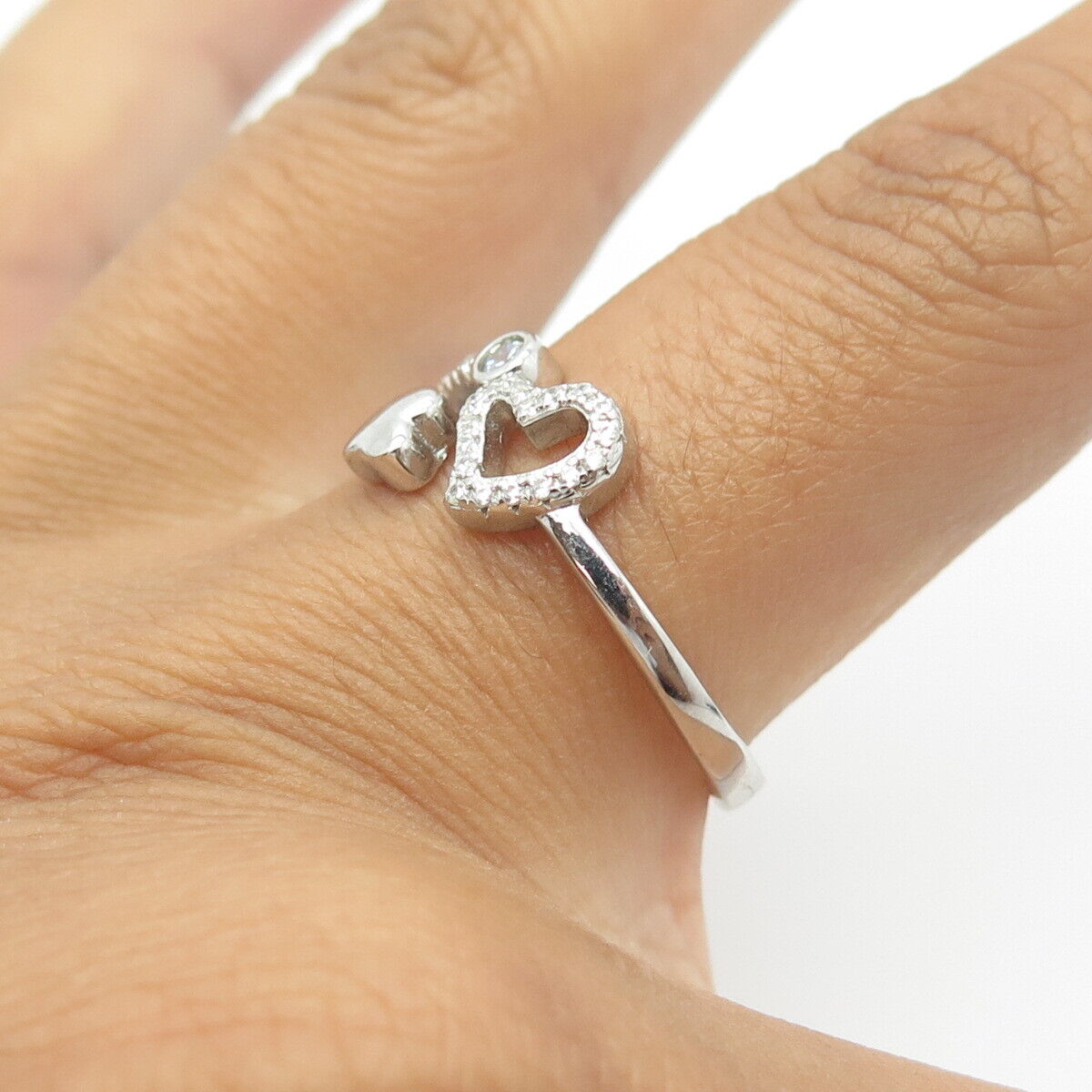 925 Sterling Silver White C Z Hearts Wrap Adjustable Ring Size 9.25