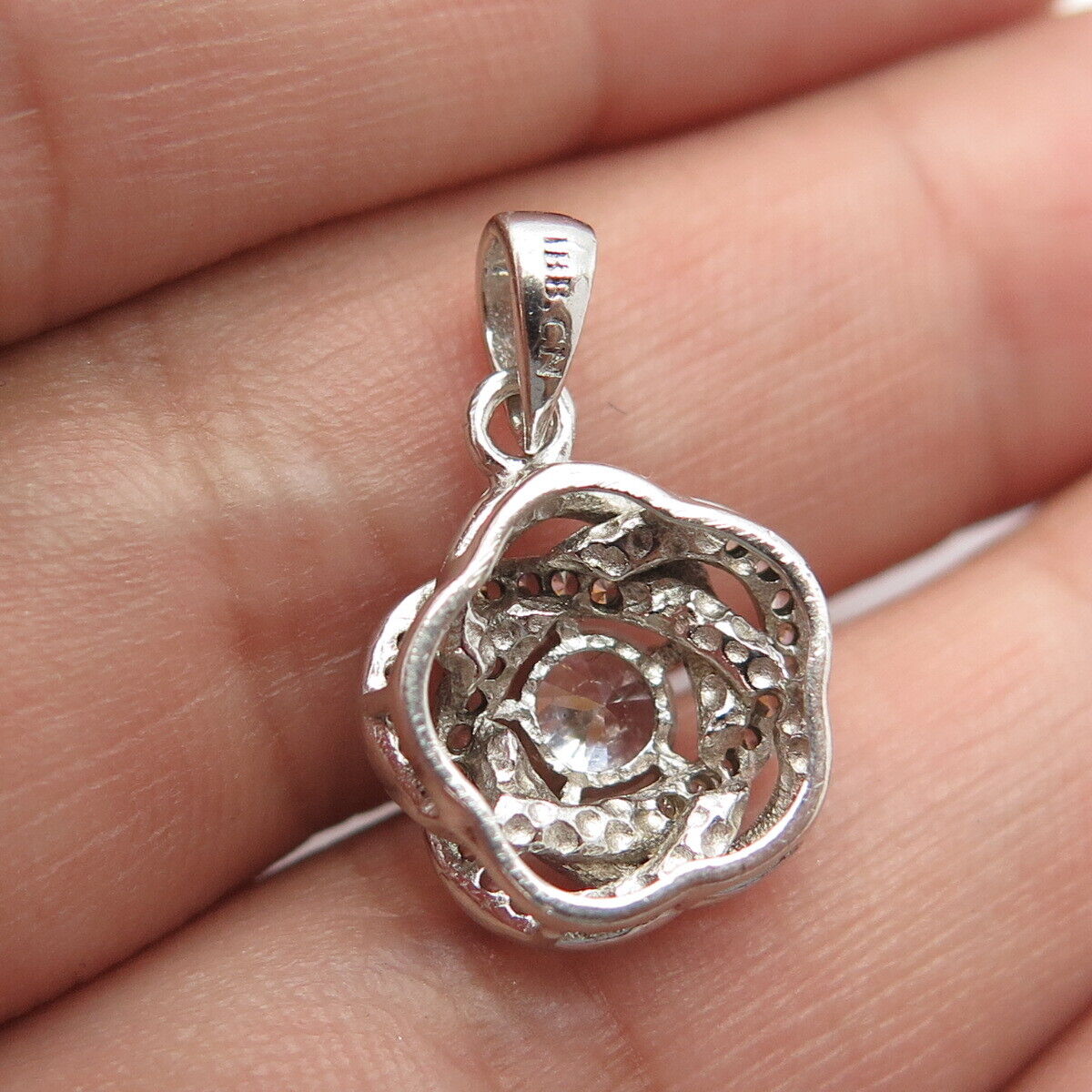 925 Sterling Silver Vintage Round-Cut White C Z Flower Charm Pendant