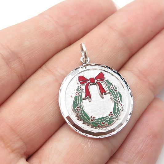 925 Sterling Silver Vintage Colorful Enamel Christmas Wreath Charm Pendant