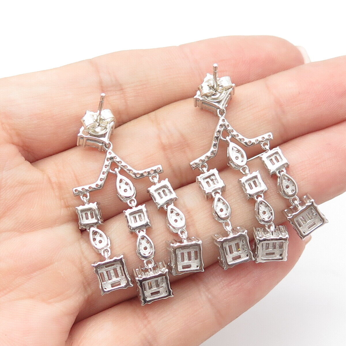 925 Sterling Silver White C Z Christmas Style Dangle Drop Earrings