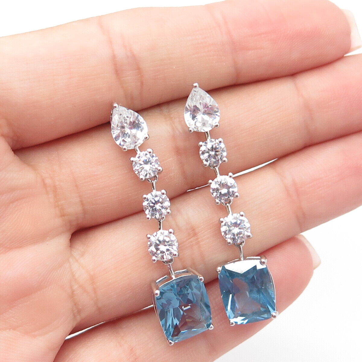 925 Sterling Silver Real Blue Topaz Gemstone & C Z Dangling Earrings