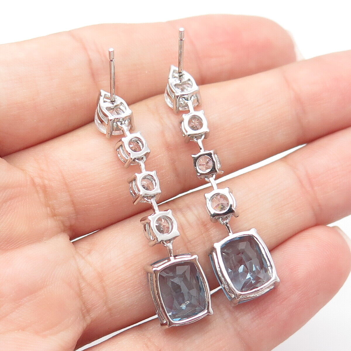 925 Sterling Silver Real Blue Topaz Gemstone & C Z Dangling Earrings