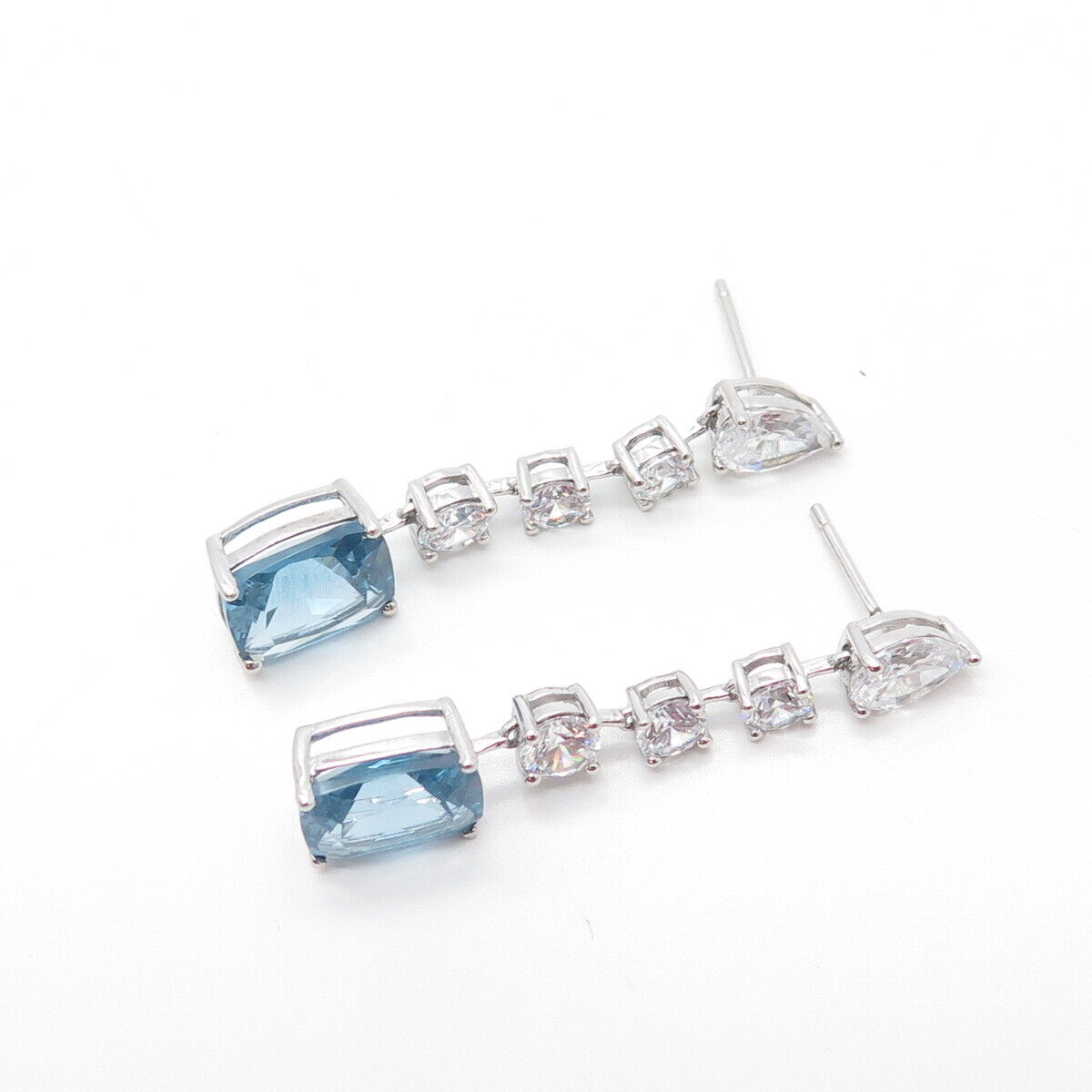 925 Sterling Silver Real Blue Topaz Gemstone & C Z Dangling Earrings