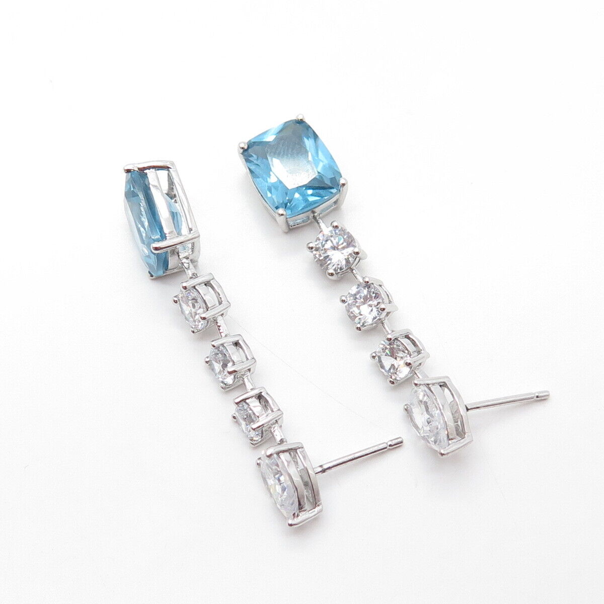 925 Sterling Silver Real Blue Topaz Gemstone & C Z Dangling Earrings