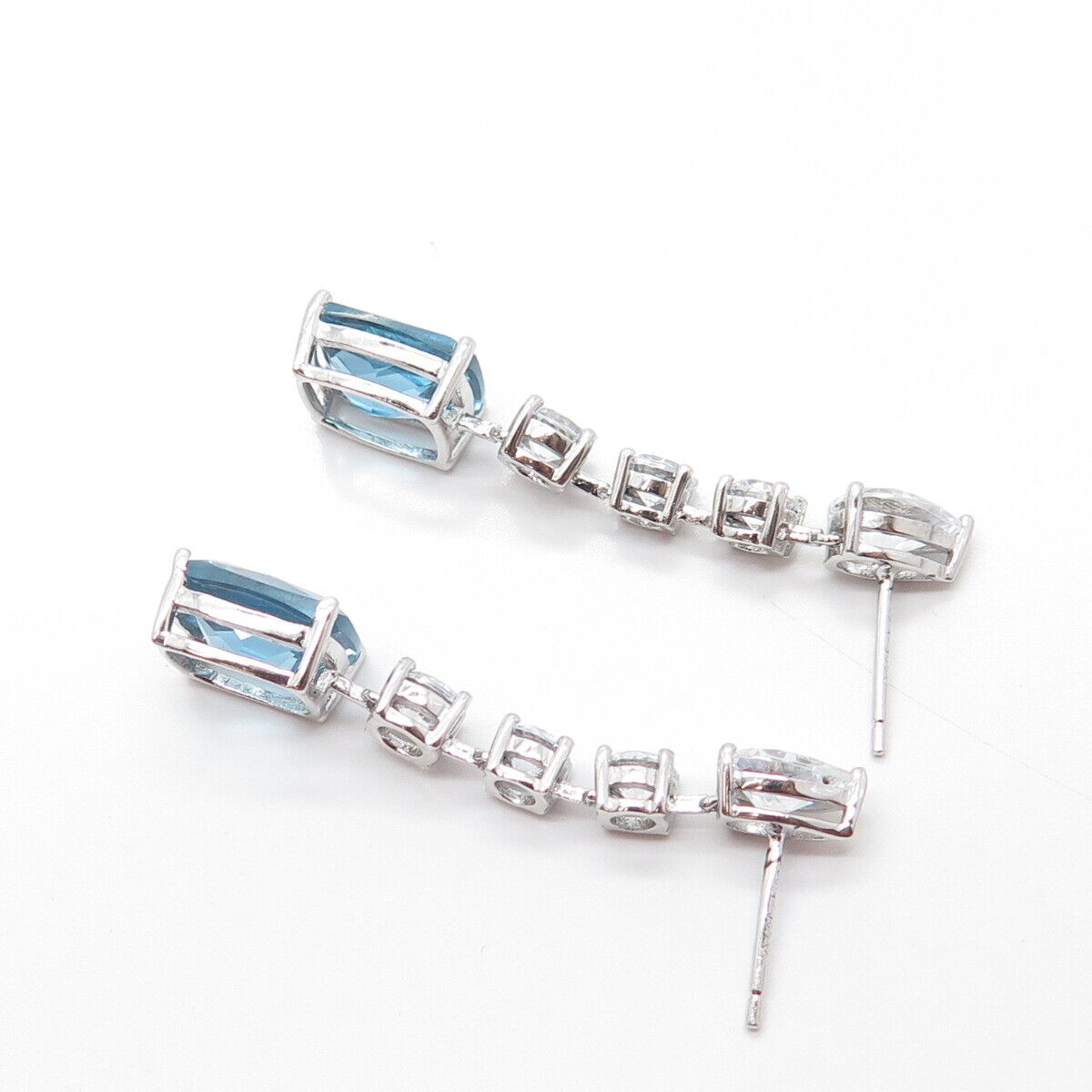 925 Sterling Silver Real Blue Topaz Gemstone & C Z Dangling Earrings