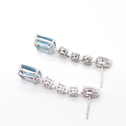 925 Sterling Silver Real Blue Topaz Gemstone & C Z Dangling Earrings