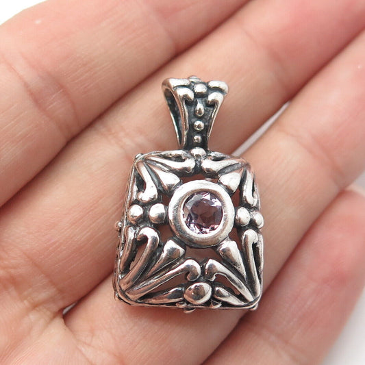 925 Sterling Silver Vintage Real Round-Cut Amethyst Gem Oxidized Swirl Pendant