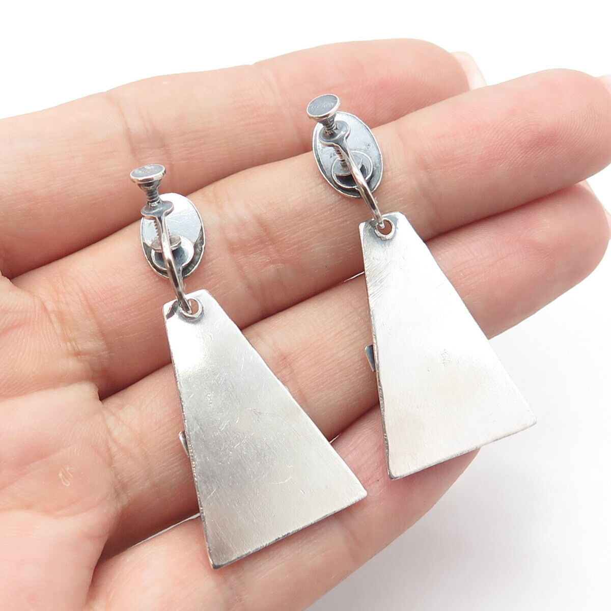 925 Sterling Silver Vintage Modernist Pyramid Drop Earrings