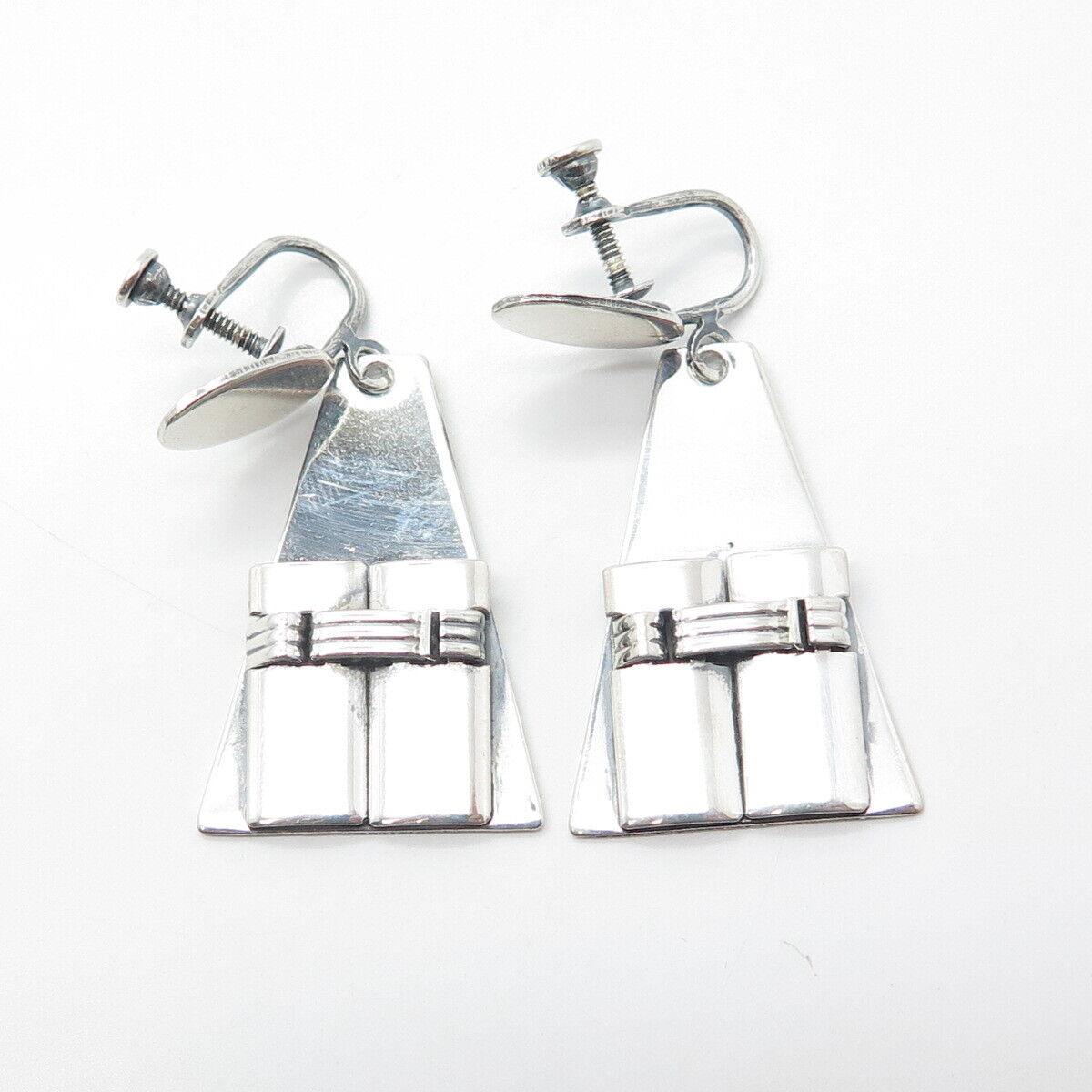 925 Sterling Silver Vintage Modernist Pyramid Drop Earrings