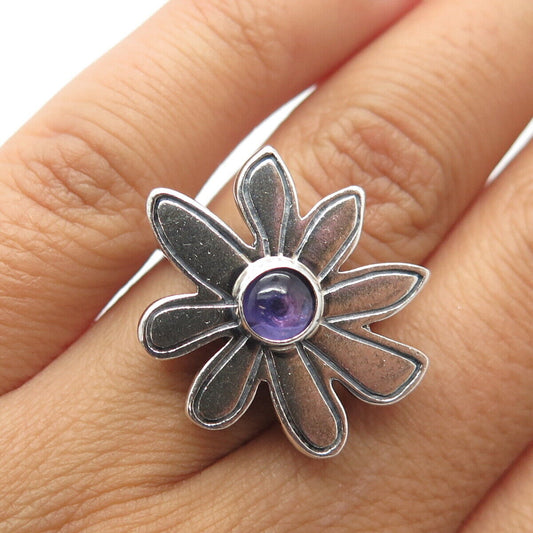 925 Sterling Silver Vintage Real Amethyst Gemstone Floral Ring Size 6.25